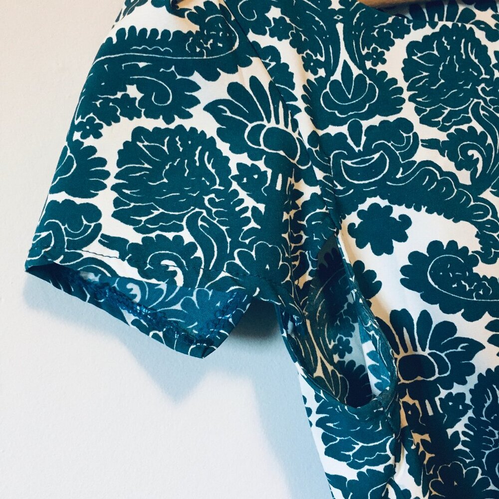 Teal Folksy Damask Print Short Sleeve Dress A-Line Kneelength - Picture 5 of 16